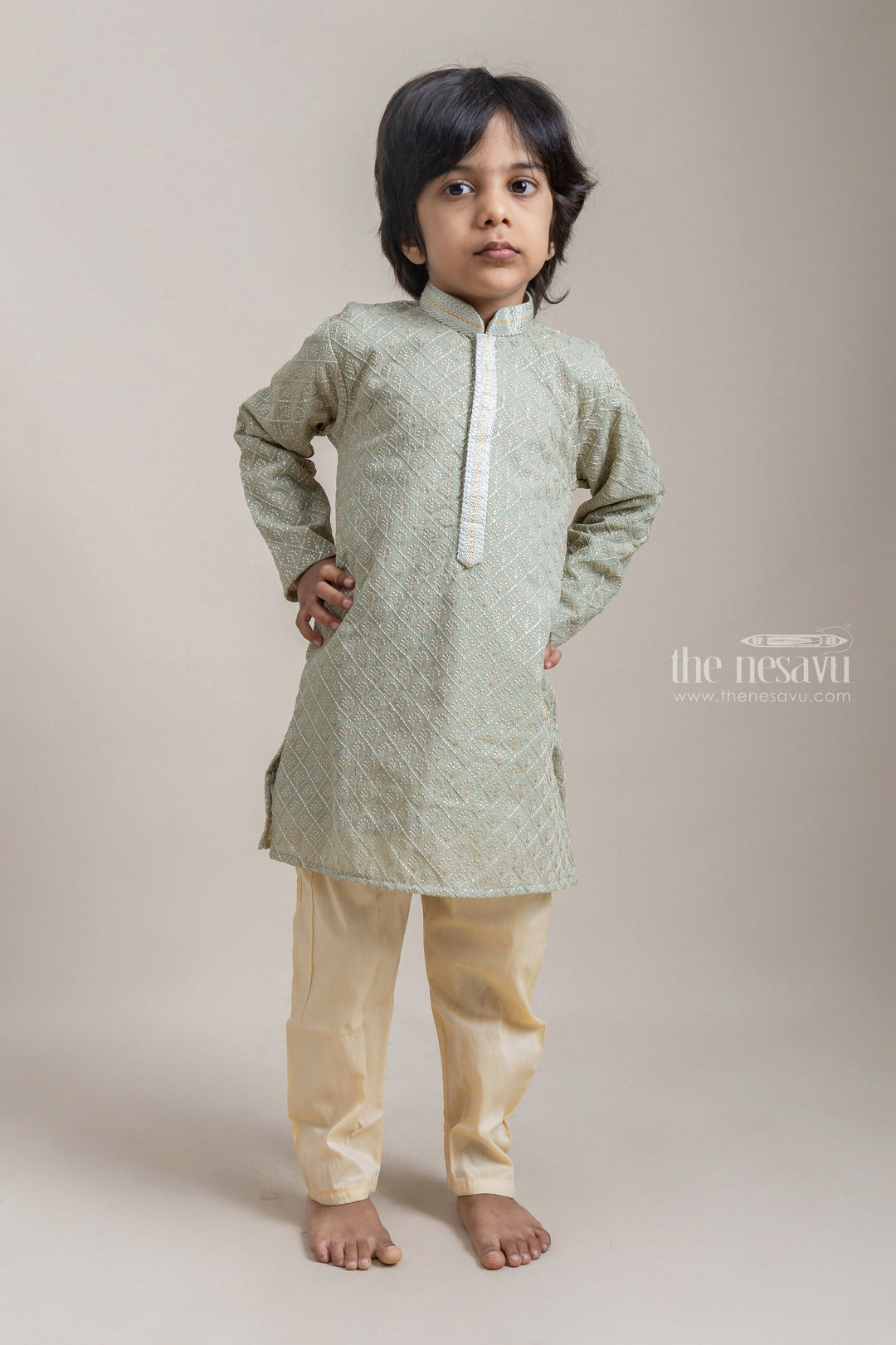 The Nesavu Boys Kurtha Set Elegant Green Baroque Embroiderd Ethnic Kurta Set For Little Boys Nesavu 12 (3M) / Green / Georgette BES312B-12 The Nesavu's Fashionable Ethnic Wear for Boys | Premium Kurta Set Collection | The Nesavu