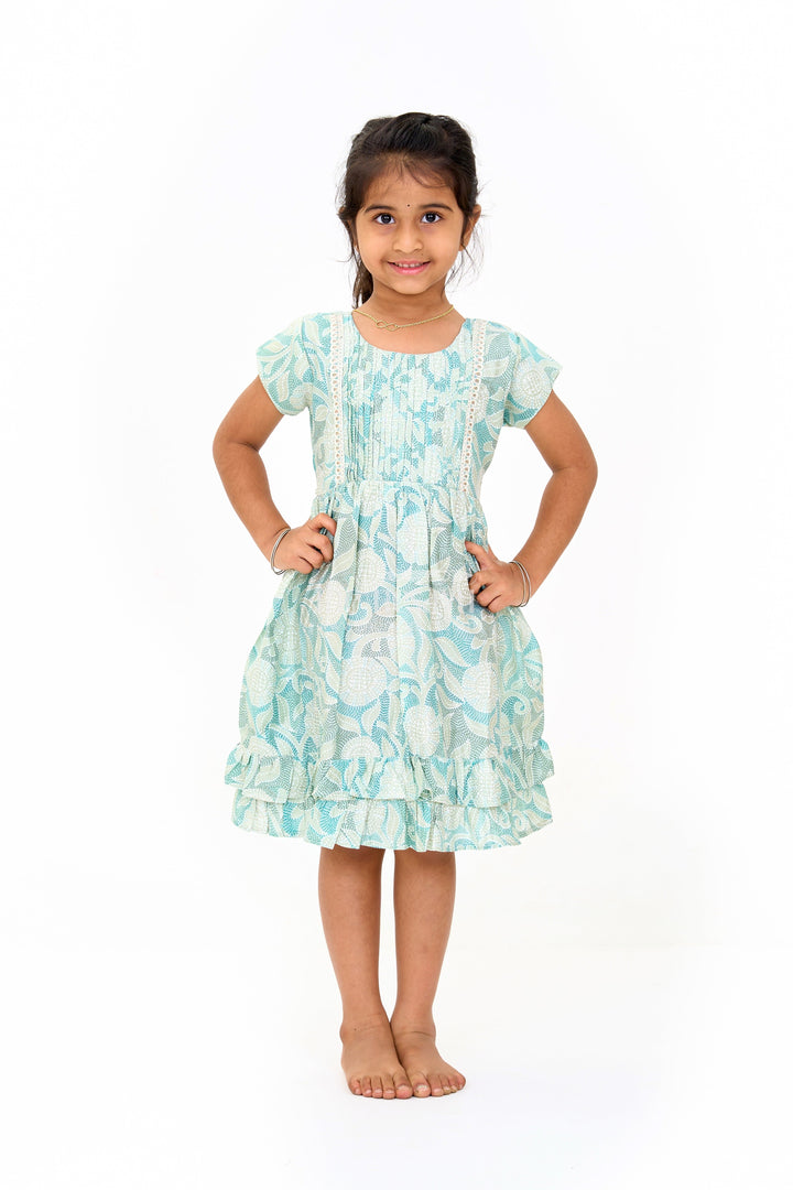 The Nesavu Girls Cotton Frock Elegant Green Cotton Designer Frock for Girls with Floral Prints and Frill Details Nesavu 16 (1Y) / Green GFC1594C-16 Elegant Green Cotton Designer Frock Girls Floral Prints Frill Details | The Nesavu
