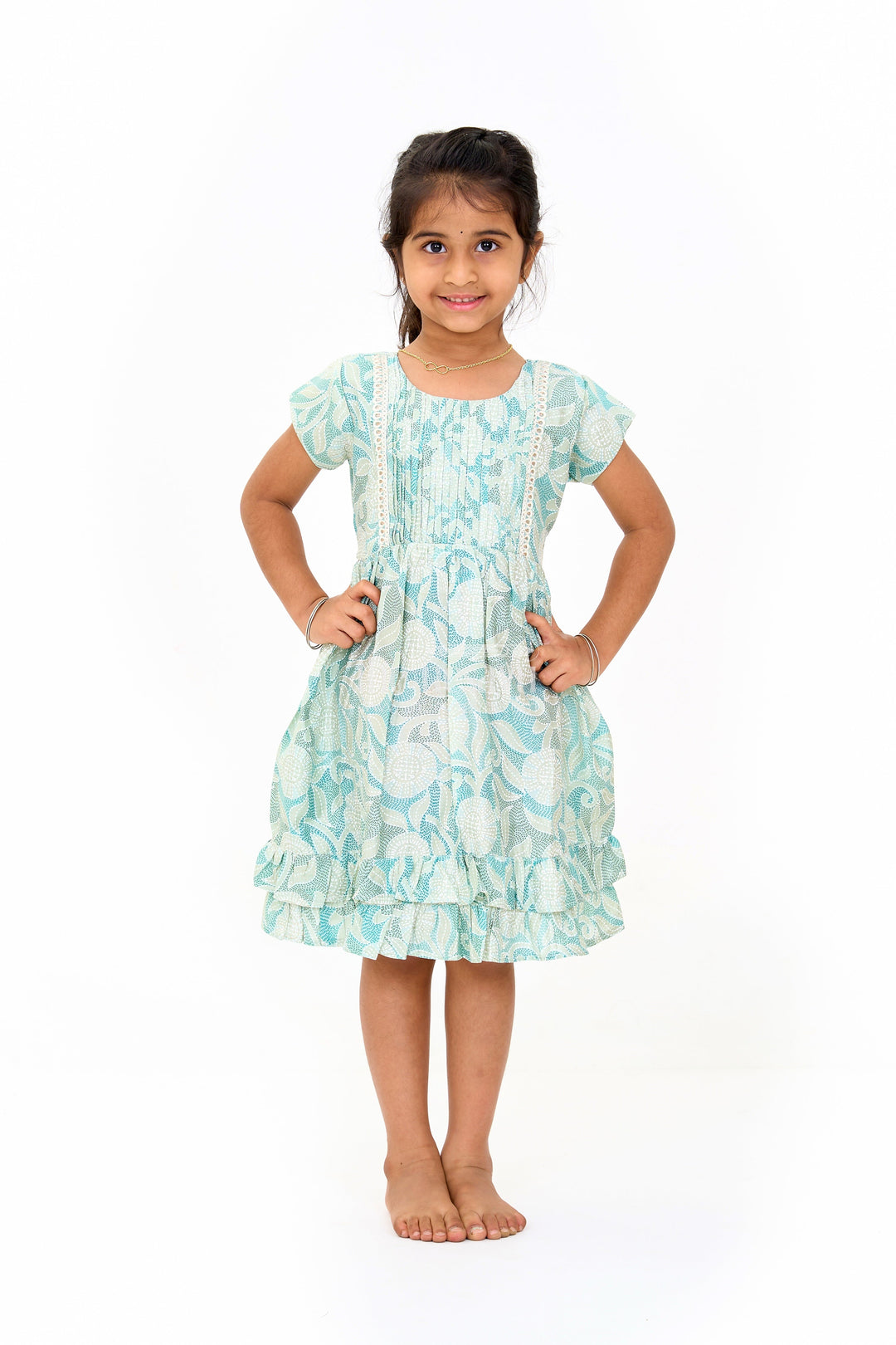 The Nesavu Girls Cotton Frock Elegant Green Cotton Designer Frock for Girls with Floral Prints and Frill Details Nesavu 16 (1Y) / Green GFC1594C-16 Nesavu Elegant Green Cotton Designer Frock Girls Floral Prints Frill Details