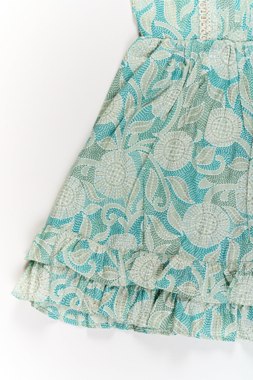 The Nesavu Girls Cotton Frock Elegant Green Cotton Designer Frock for Girls with Floral Prints and Frill Details Nesavu Elegant Green Cotton Designer Frock Girls Floral Prints Frill Details | The Nesavu