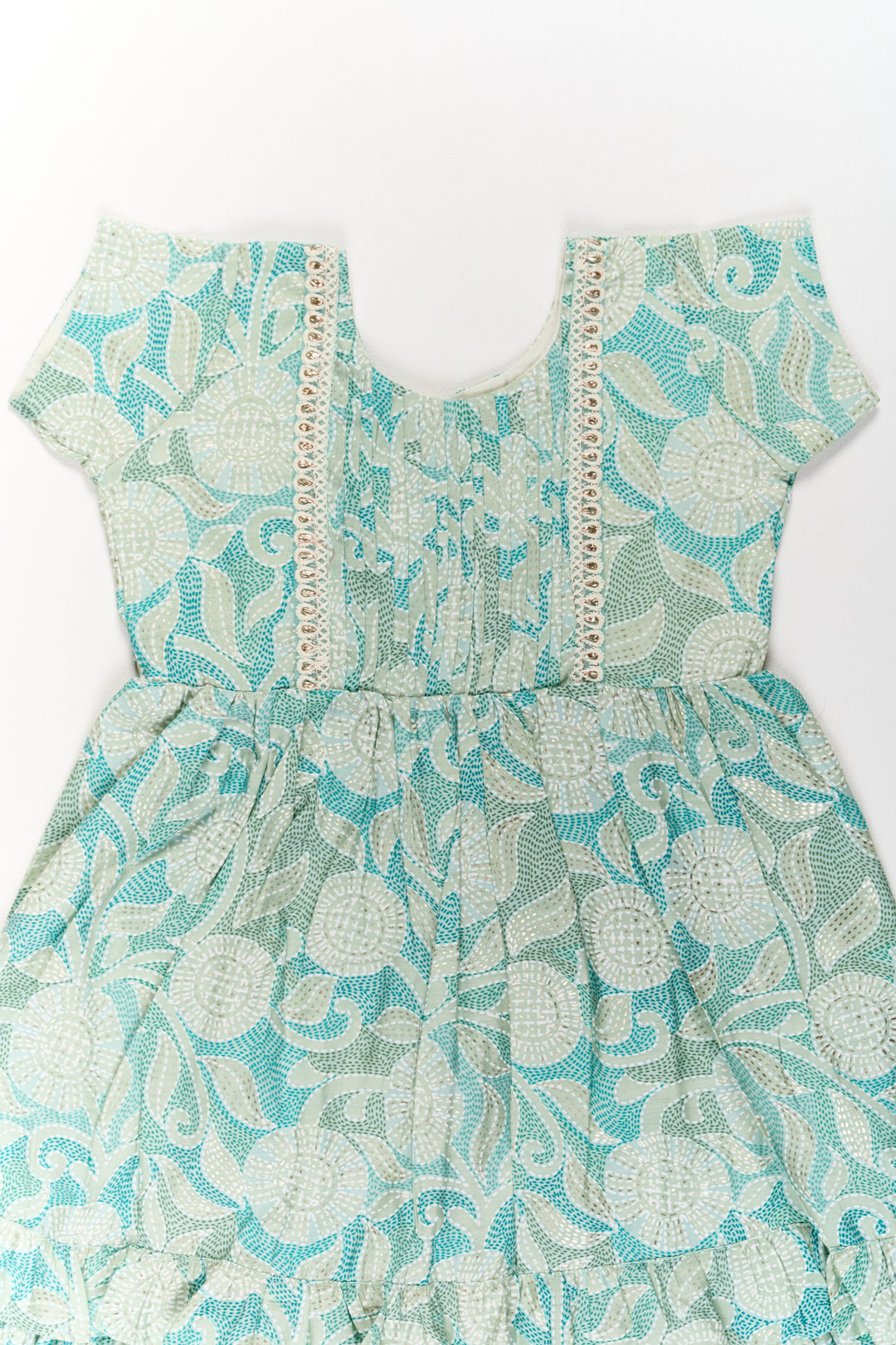 The Nesavu Girls Cotton Frock Elegant Green Cotton Designer Frock for Girls with Floral Prints and Frill Details Nesavu Elegant Green Cotton Designer Frock Girls Floral Prints Frill Details | The Nesavu