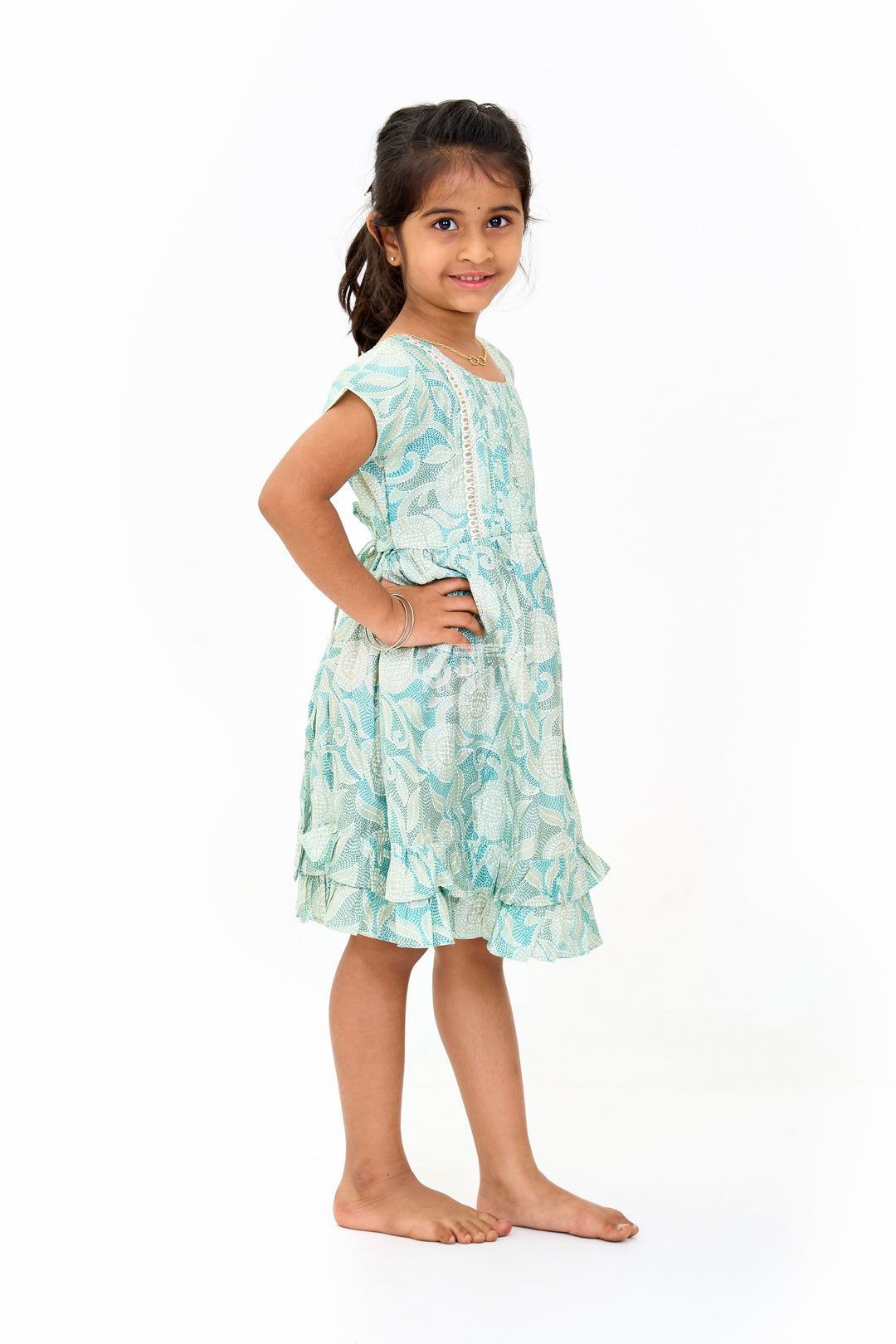 The Nesavu Girls Cotton Frock Elegant Green Cotton Designer Frock for Girls with Floral Prints and Frill Details Nesavu Elegant Green Cotton Designer Frock Girls Floral Prints Frill Details | The Nesavu