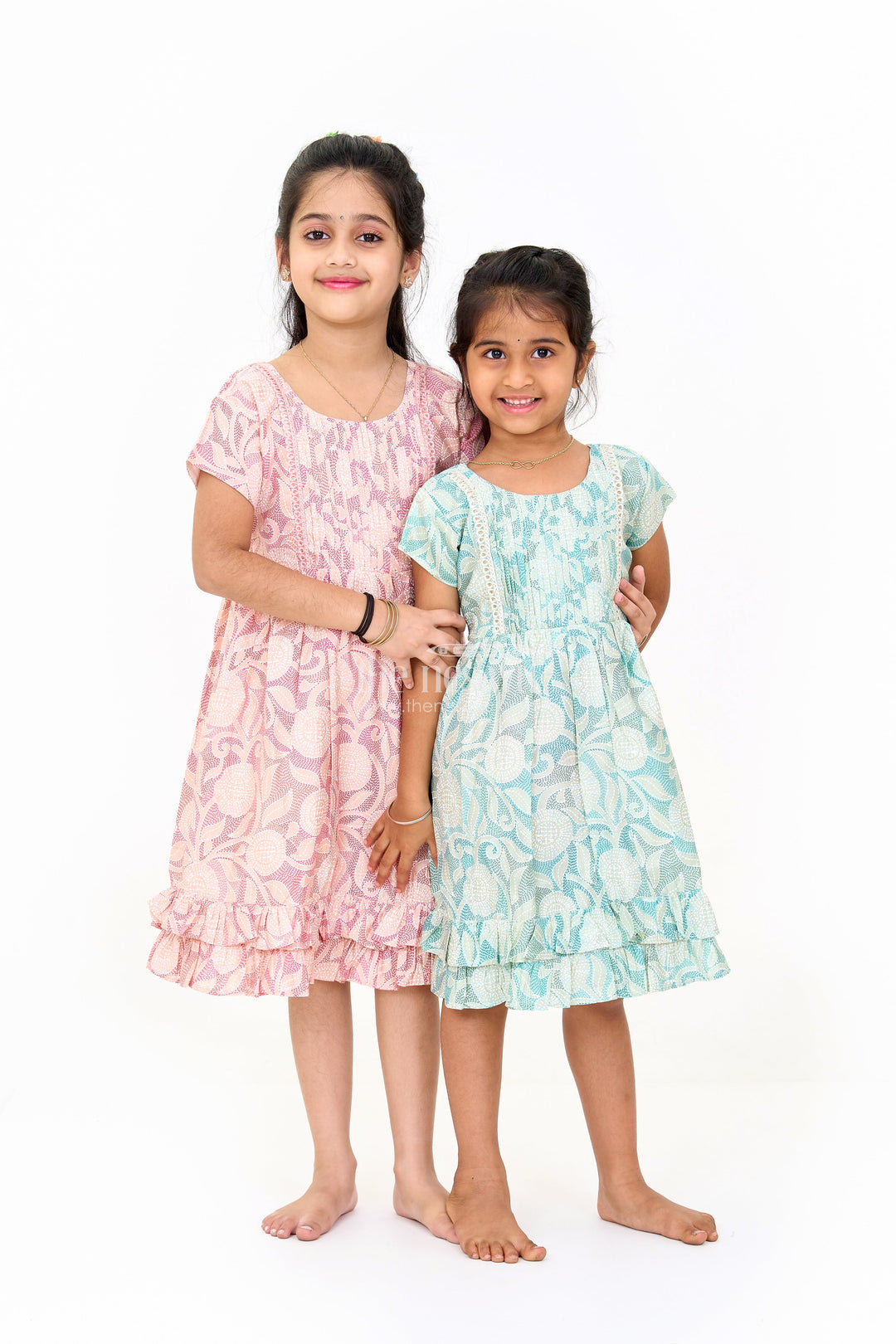 The Nesavu Girls Cotton Frock Elegant Green Cotton Designer Frock for Girls with Floral Prints and Frill Details Nesavu Nesavu Elegant Green Cotton Designer Frock Girls Floral Prints Frill Details
