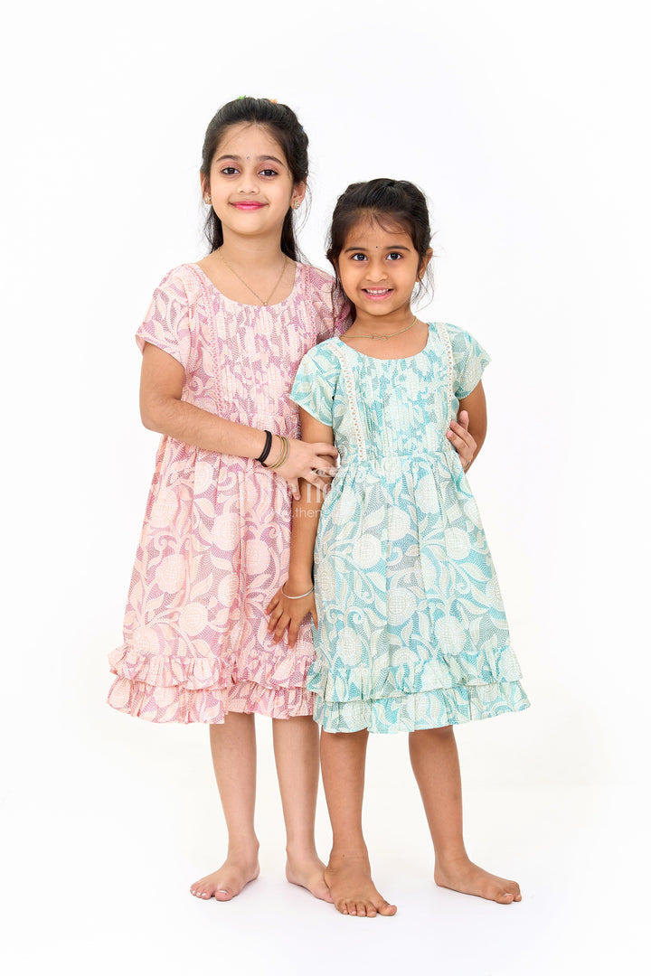 The Nesavu Girls Cotton Frock Elegant Green Cotton Designer Frock for Girls with Floral Prints and Frill Details Nesavu Nesavu Elegant Green Cotton Designer Frock Girls Floral Prints Frill Details