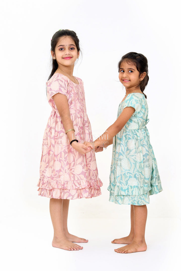 The Nesavu Girls Cotton Frock Elegant Green Cotton Designer Frock for Girls with Floral Prints and Frill Details Nesavu Nesavu Elegant Green Cotton Designer Frock Girls Floral Prints Frill Details