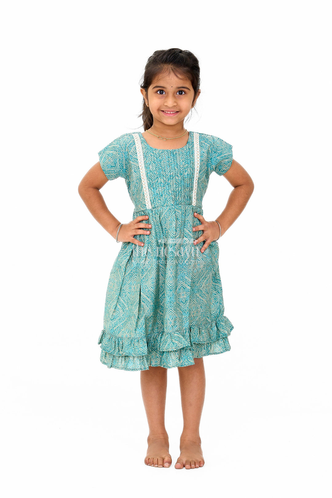 The Nesavu Girls Cotton Frock Elegant Green Cotton Girls Frock with Floral Print and Lace Detailing for Casual Wear Nesavu 16 (1Y) / Green GFC1595B-16 Elegant Green Cotton Girls Frock Floral Print Lace Detailing Casual Wear | The Nesavu