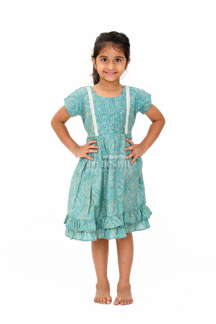 The Nesavu Girls Cotton Frock Elegant Green Cotton Girls Frock with Floral Print and Lace Detailing for Casual Wear Nesavu 16 (1Y) / Green GFC1595B-16 Elegant Green Cotton Girls Frock Floral Print Lace Detailing Casual Wear | The Nesavu
