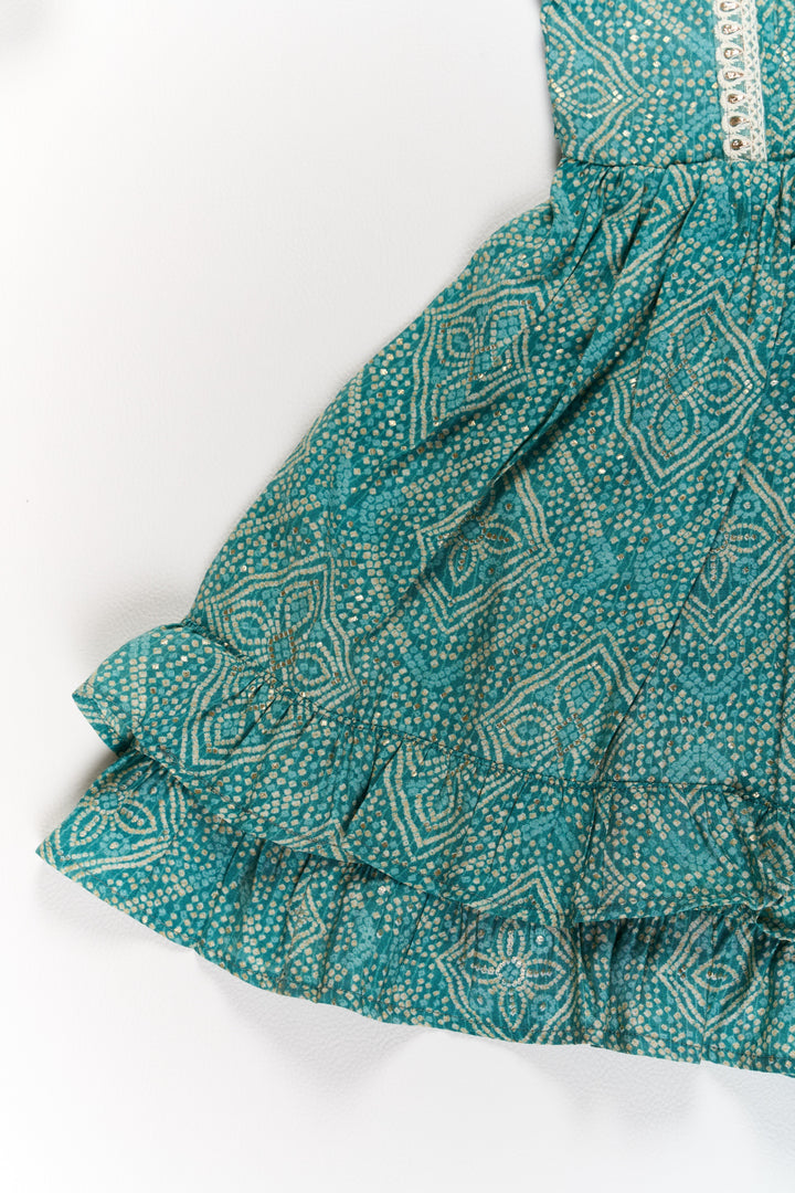 The Nesavu Girls Cotton Frock Elegant Green Cotton Girls Frock with Floral Print and Lace Detailing for Casual Wear Nesavu Elegant Green Cotton Girls Frock Floral Print Lace Detailing Casual Wear | The Nesavu