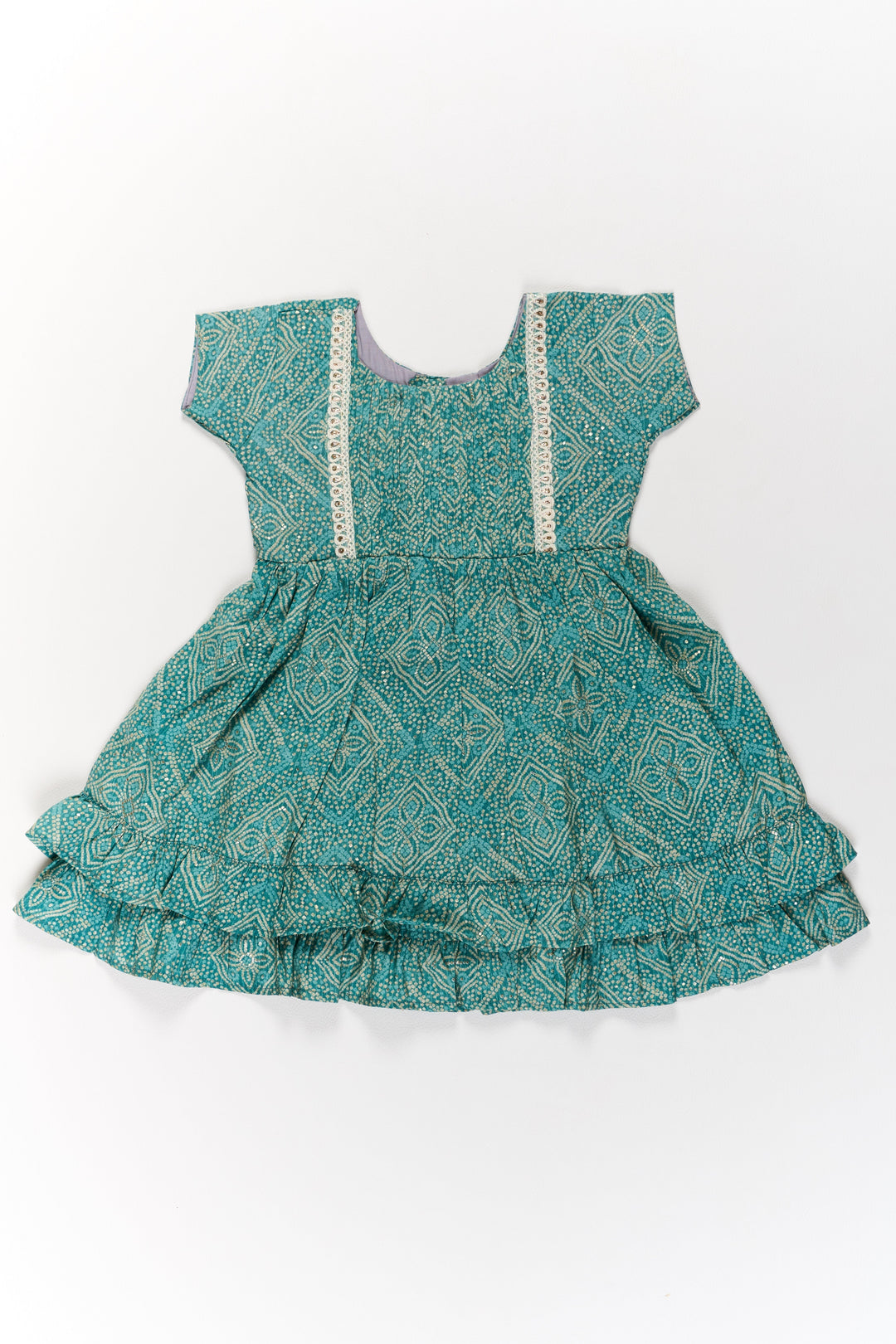 The Nesavu Girls Cotton Frock Elegant Green Cotton Girls Frock with Floral Print and Lace Detailing for Casual Wear Nesavu Elegant Green Cotton Girls Frock Floral Print Lace Detailing Casual Wear | The Nesavu