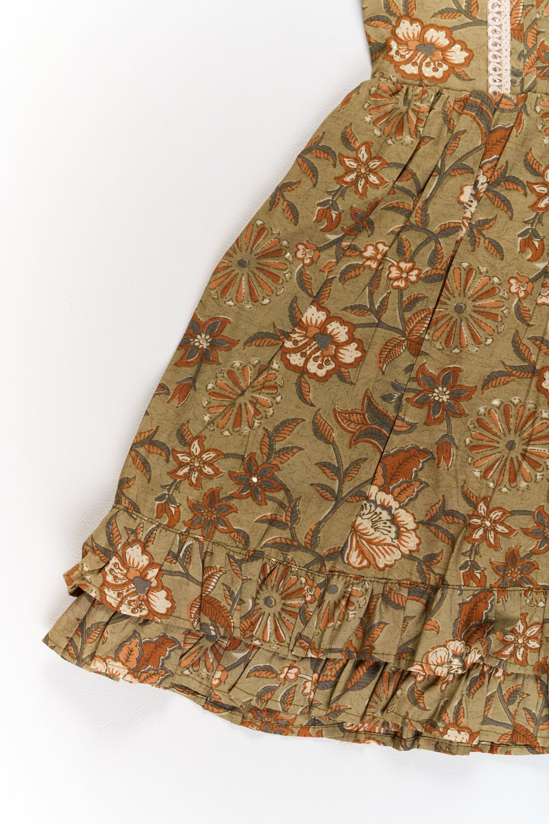 The Nesavu Girls Cotton Frock Elegant Green Cotton Party Wear Frock for Girls with Floral Prints and Ruffle Hem Nesavu Elegant Green Cotton Party Wear Frock Girls Floral Prints Ruffle Hem | The Nesavu