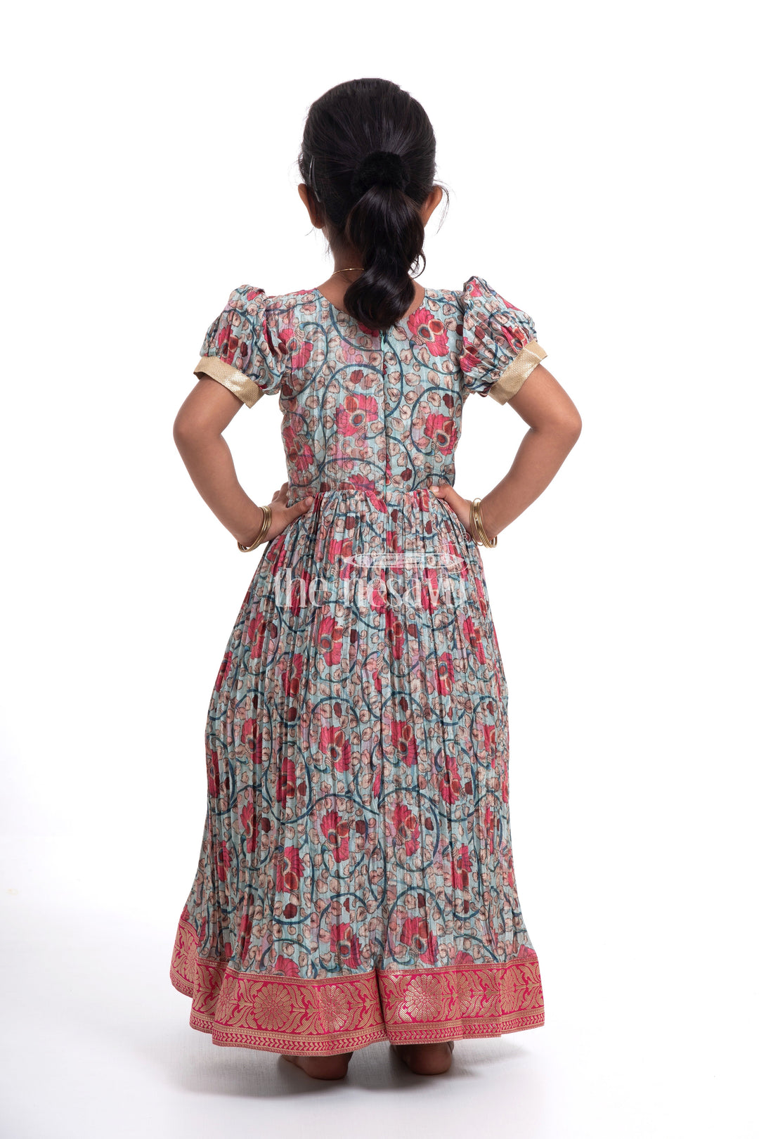 The Nesavu Girls Silk Gown Elegant Green Kalamkari Chinon Party Gown for Girls Nesavu Elegant Green Kalamkari Chinon Party Gown for Girls - Festive Wear