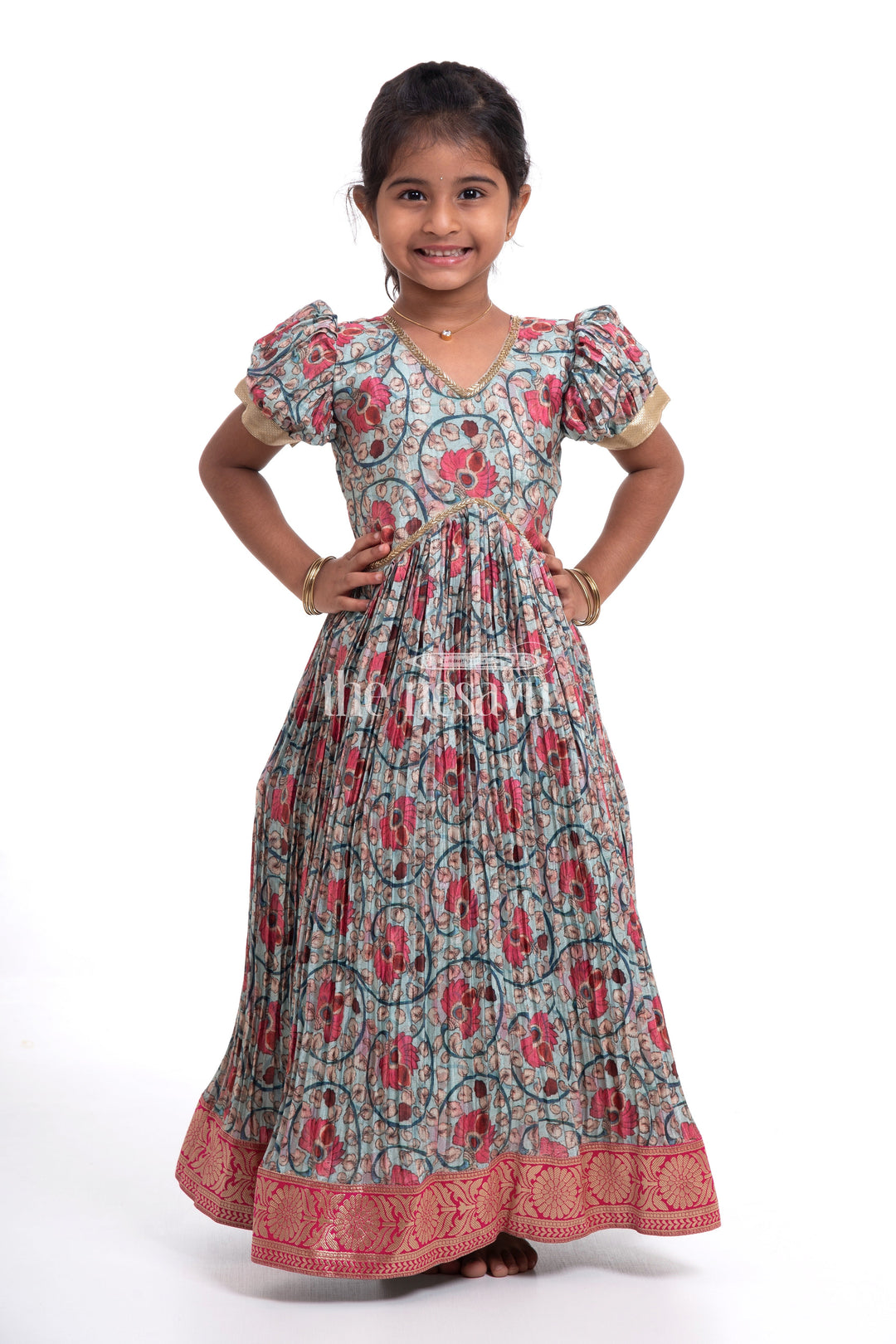 The Nesavu Girls Silk Gown Elegant Green Kalamkari Chinon Party Gown for Girls Nesavu Elegant Green Kalamkari Chinon Party Gown for Girls - Festive Wear | The Nesavu