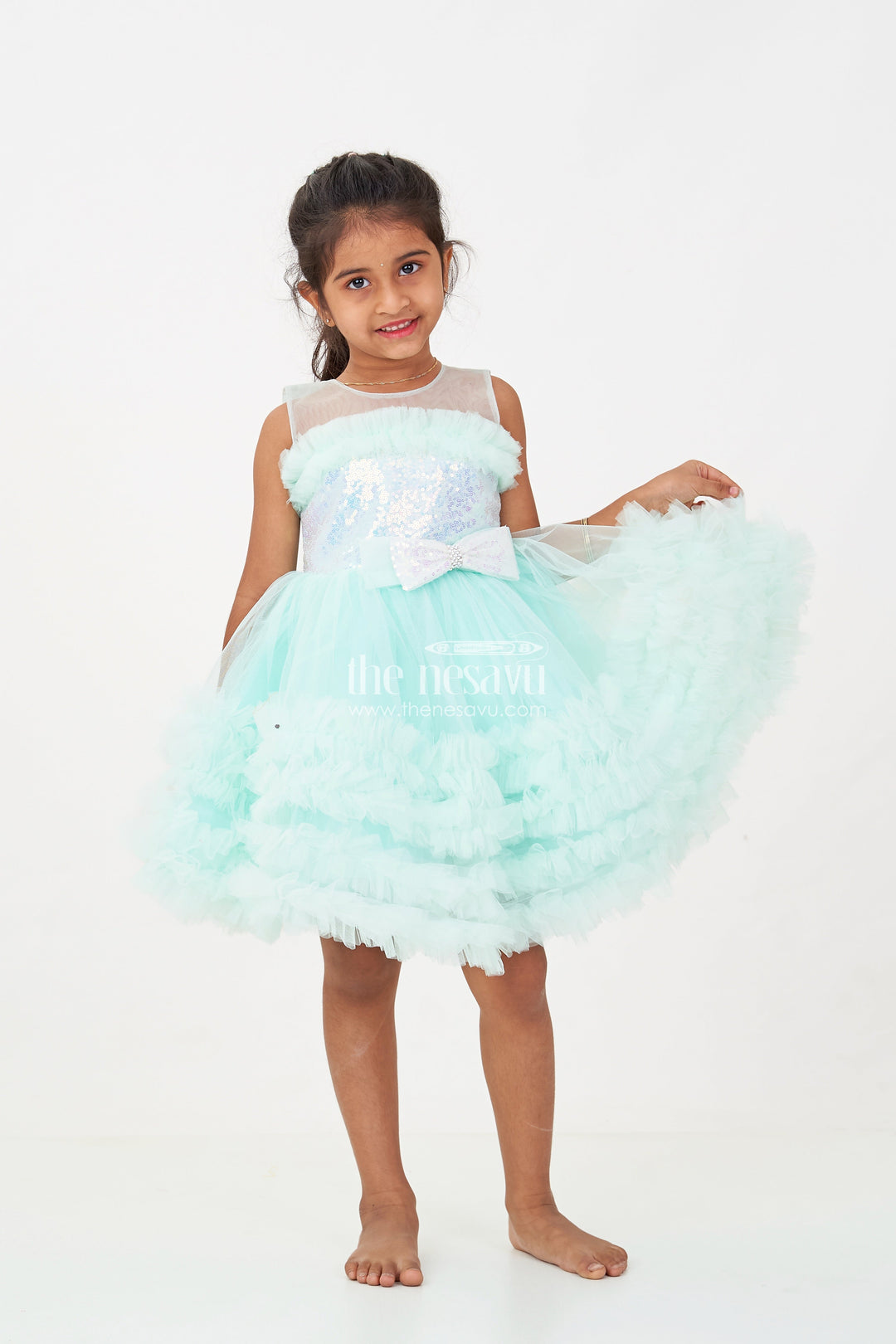 The Nesavu Girls Fancy Party Frock Elegant Green Net Dinner Dress for Girls with Ruffles and a Sequin Bow Nesavu 16 (1Y) / Green PF195C-16 Nesavu Elegant Green Net Dinner Dress Girls Ruffles Sequin Bow