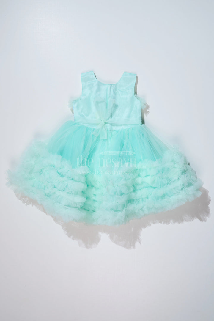 The Nesavu Girls Fancy Party Frock Elegant Green Net Dinner Dress for Girls with Ruffles and a Sequin Bow Nesavu Elegant Green Net Dinner Dress Girls Ruffles Sequin Bow | The Nesavu