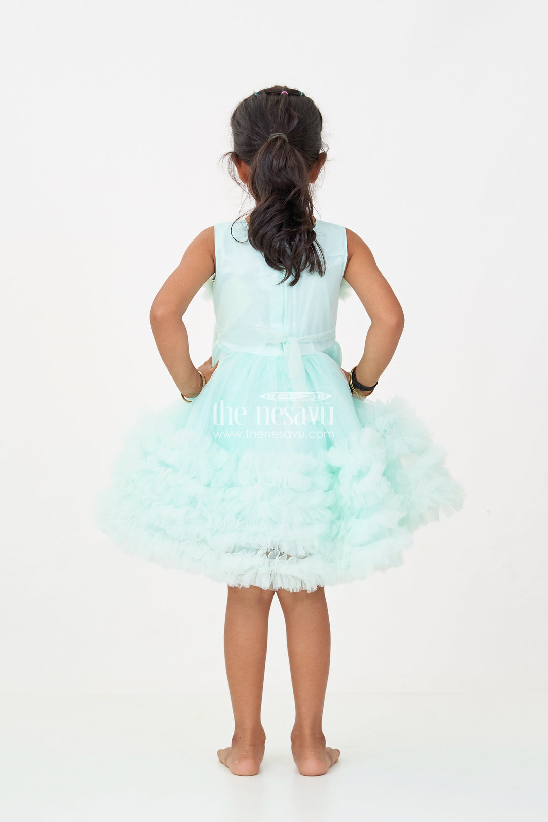 The Nesavu Girls Fancy Party Frock Elegant Green Net Dinner Dress for Girls with Ruffles and a Sequin Bow Nesavu Elegant Green Net Dinner Dress Girls Ruffles Sequin Bow | The Nesavu