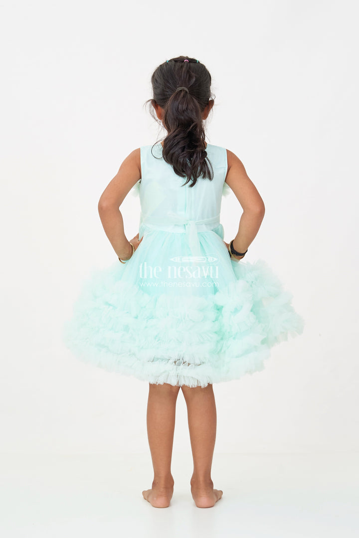 The Nesavu Girls Fancy Party Frock Elegant Green Net Dinner Dress for Girls with Ruffles and a Sequin Bow Nesavu Elegant Green Net Dinner Dress Girls Ruffles Sequin Bow | The Nesavu