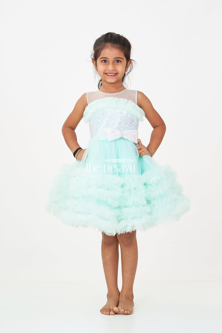 The Nesavu Girls Fancy Party Frock Elegant Green Net Dinner Dress for Girls with Ruffles and a Sequin Bow Nesavu Elegant Green Net Dinner Dress Girls Ruffles Sequin Bow | The Nesavu
