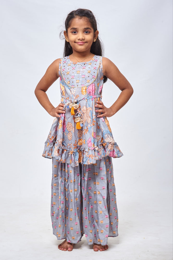 The Nesavu Girls Sharara / Plazo Set Elegant Grey Floral Flared Kurti & Pleated Palazzo: Timeless Ensemble for Stylish Girls- Latest New Diwali Collections Nesavu 16 (1Y) / Gray / Muslin Silk GPS209A-16 Girls Festive Wear Kurti and Palazzo | Diwali New Collections 2023 | The Nesavu