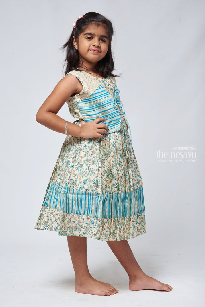 The Nesavu Girls Cotton Frock Elegant Half White Floral Pleated Frock with Blue Overcoat - Girls Stylish Dress Nesavu Summer Wear Cotton Frocks | Simple Frock Cotton | The Nesavu