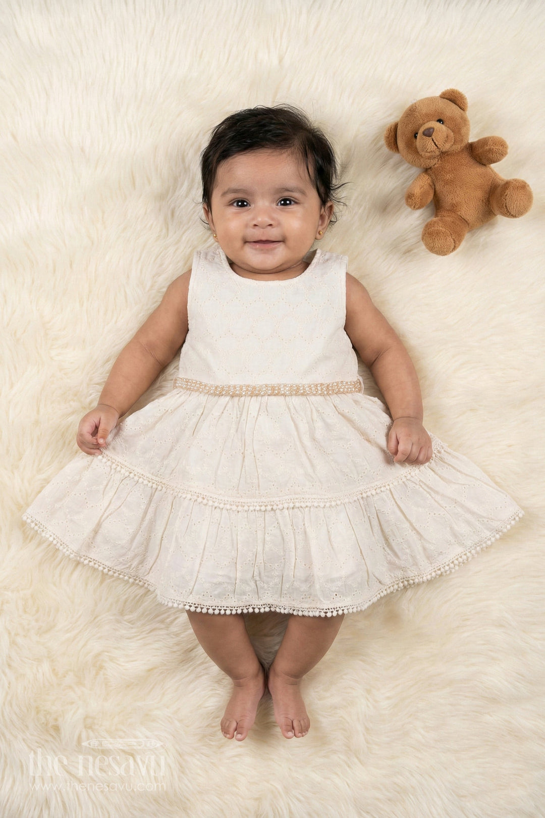 The Nesavu Baby Cotton Frocks Elegant Ivory Eyelet Baby Frock with Glimmering Waistbandtimeless Elegance Nesavu 14 (6M) / White / Cotton BFJ535C-14 Ivory Eyelet Lace Frock for Baby Girls | The Nesavu