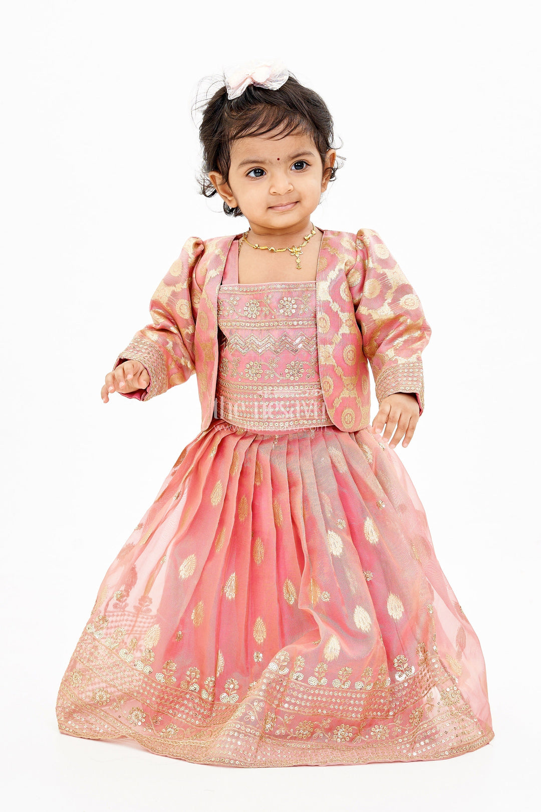 The Nesavu Girls Lehenga Choli Elegant Jacket Lehenga Set for Girls with Banarasi Jacquard and Embellished Choli Nesavu 16 (1Y) / Pink GL517B-16 Elegant Jacket Lehenga Set Girls Banarasi Jacquard Embellished Choli | The Nesavu