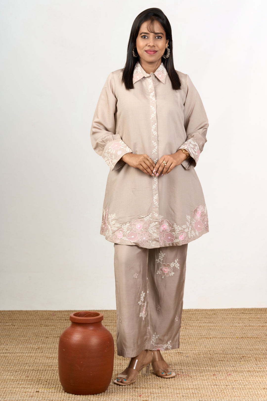 The Nesavu Womens Co-Ord Sets Elegant Linen Co Ord Trouser Set for Women with Subtle Embroidery Detailing Nesavu Linen Co Ord Trouser Set Women Subtle Cotton Embroidery Detailing | The Nesavu