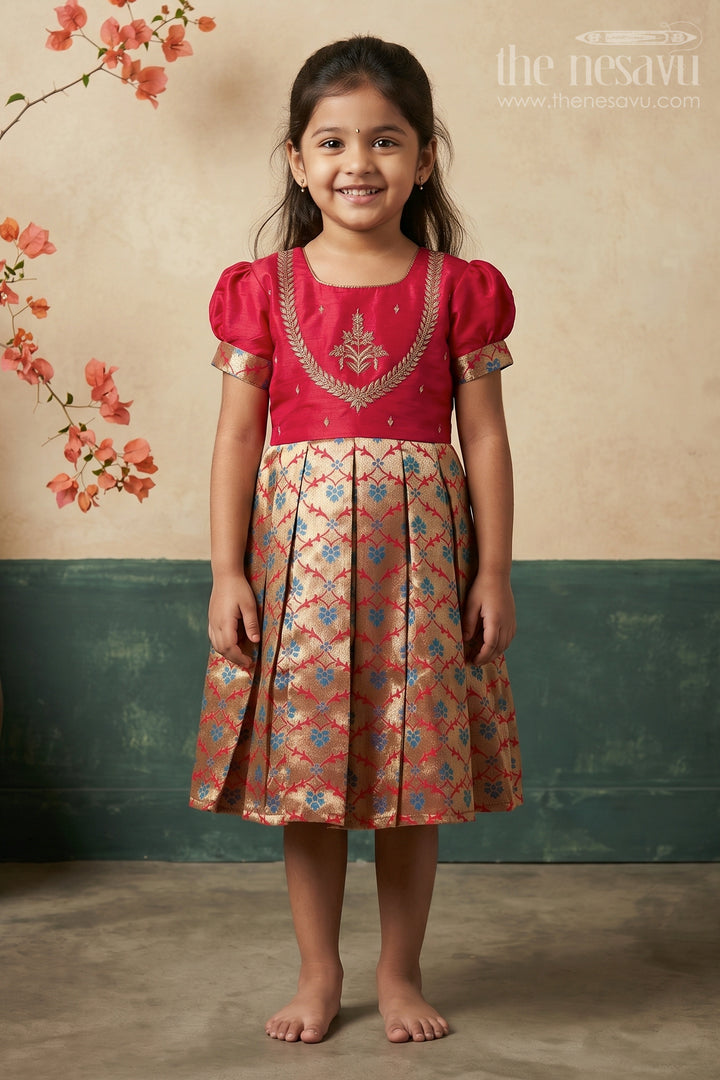 The Nesavu Silk Party Frock Elegant Maroon and Gold Pattu Silk Frock: Intricate Gold Embroidery with Floral Banarasi Design for Girls Nesavu 16 (1Y) / Pink / Silk Blend SF786A-16 Maroon and Gold Pattu Silk Frock | The Nesavu