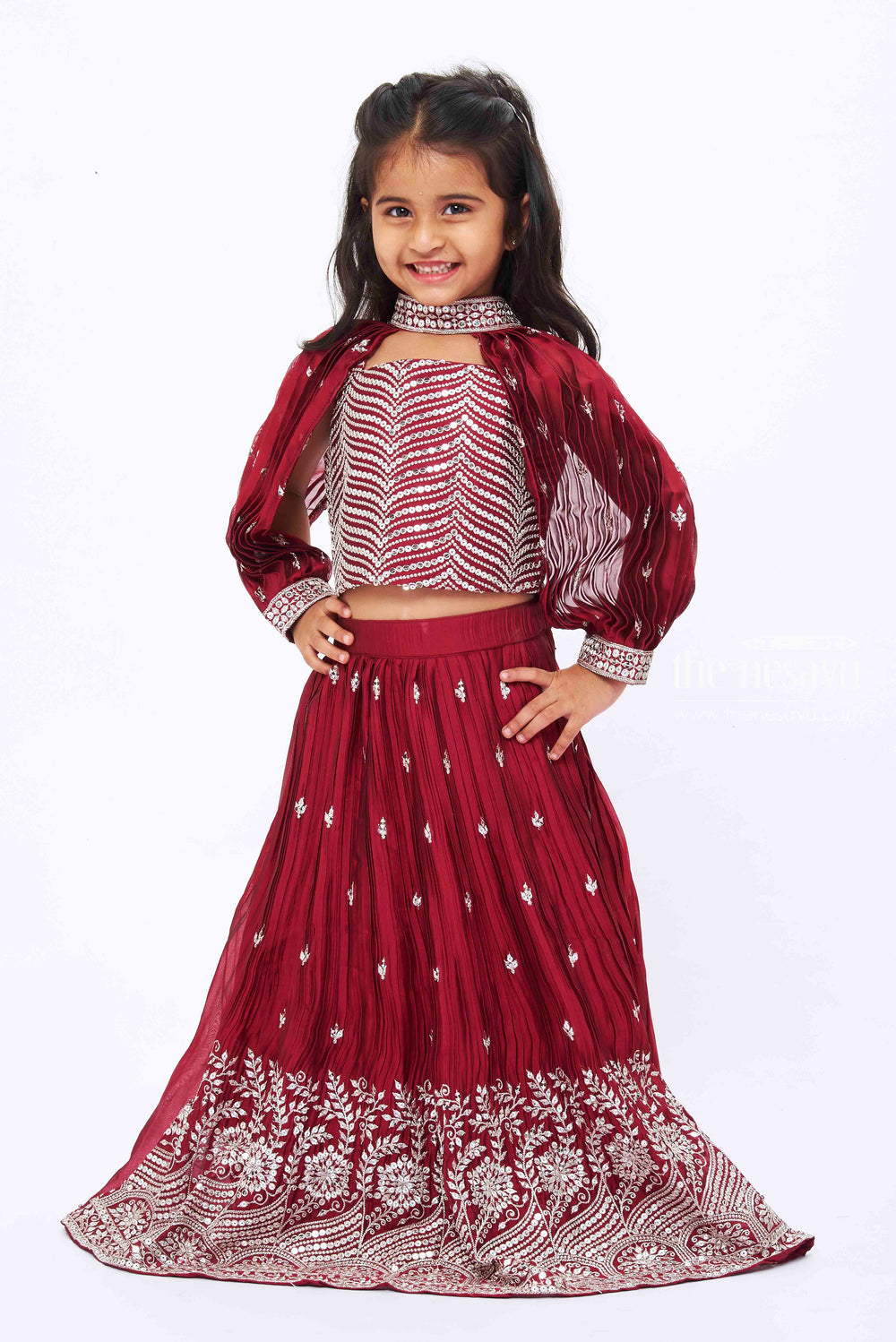 The Nesavu Girls Lehenga Choli Elegant Maroon Sequined Crop Top with Lehenga Choli and Dupatta Set for Girls Nesavu 16 (1Y) / Maroon GL375C-16 Maroon Sequined Girls Crop Top Lehenga Set | Traditional Embroidered Festive Wear | The Nesavu