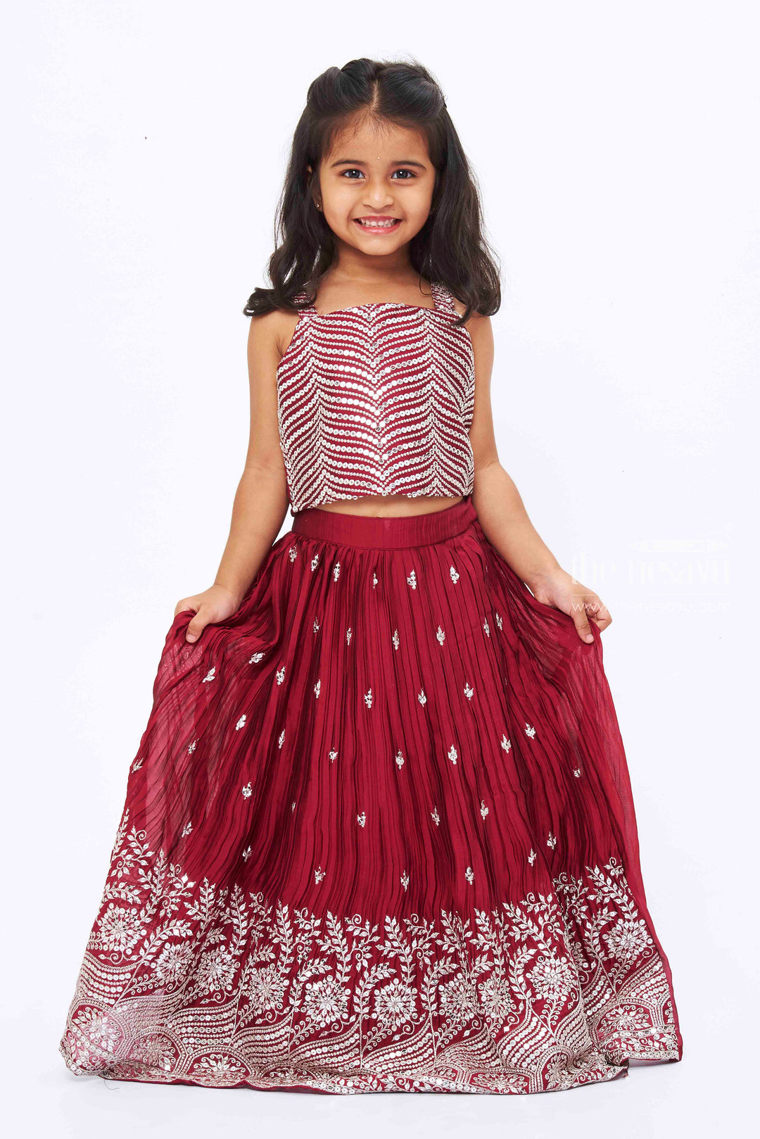 The Nesavu Girls Lehenga Choli Elegant Maroon Sequined Crop Top with Lehenga Choli and Dupatta Set for Girls Nesavu Maroon Sequined Girls Crop Top Lehenga Set | Traditional Embroidered Festive Wear | The Nesavu