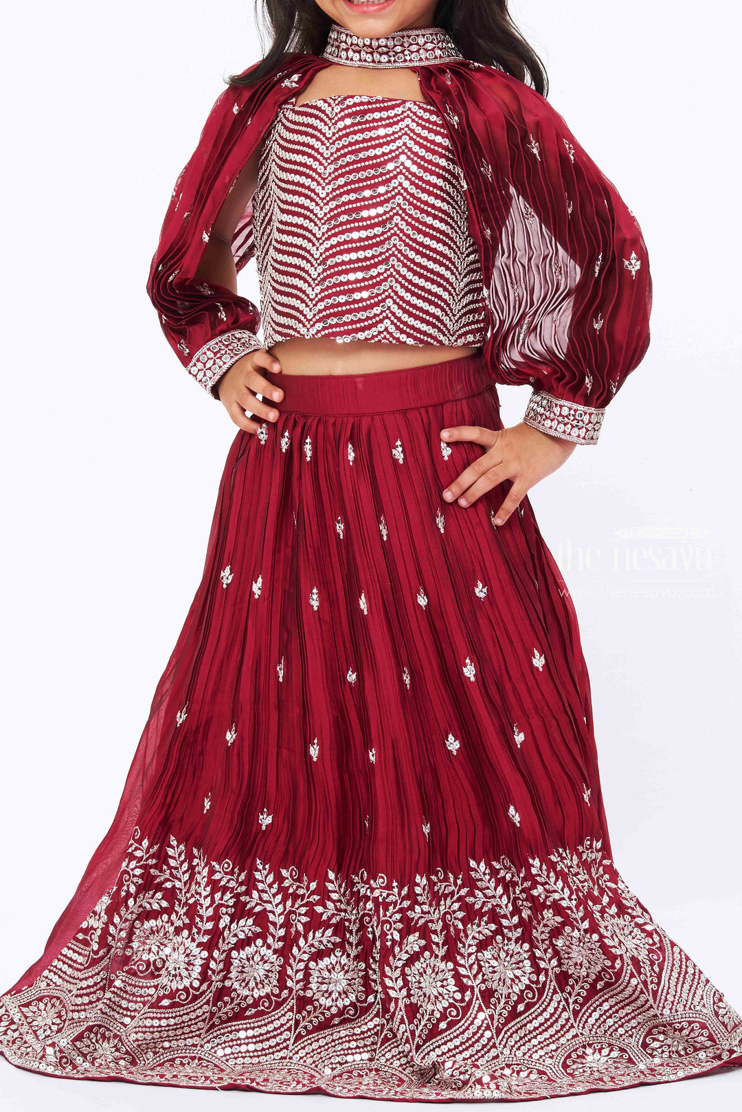 The Nesavu Girls Lehenga Choli Elegant Maroon Sequined Crop Top with Lehenga Choli and Dupatta Set for Girls Nesavu Maroon Sequined Girls Crop Top Lehenga Set | Traditional Embroidered Festive Wear | The Nesavu