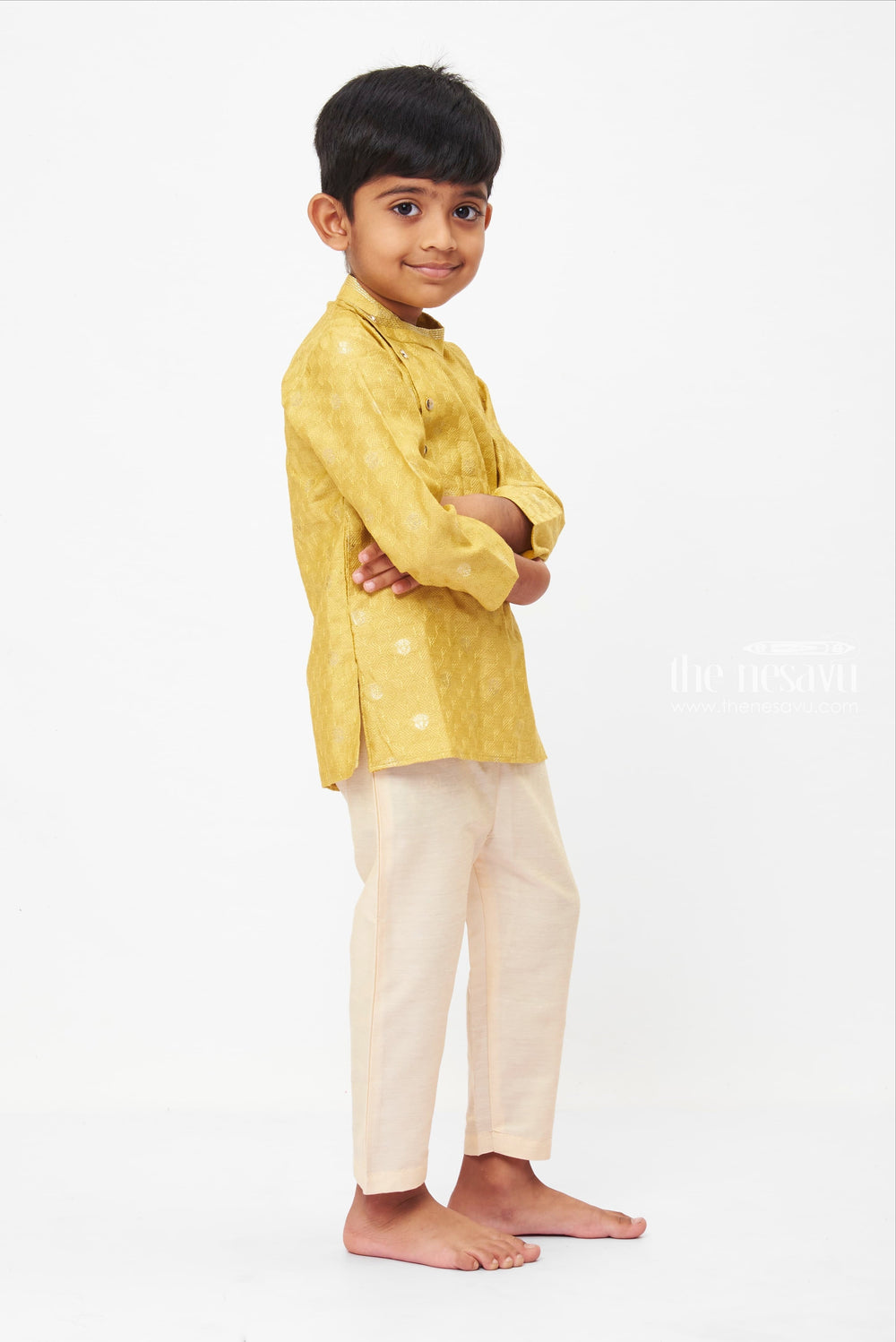 The Nesavu Boys Kurtha Set Elegant Mustard Yellow Kurta with Off-White Pant for Boys - Traditional Festive Wear Nesavu Golden Glow Traditional Kurta Set for Children | Shimmering Festive Fashion | The Nesavu