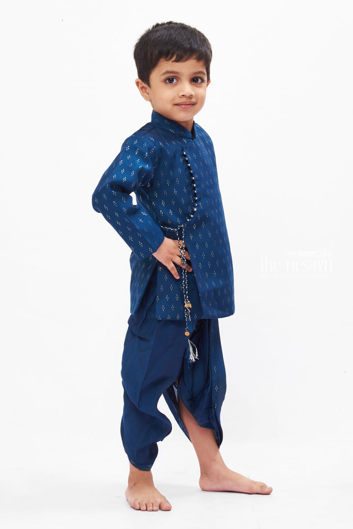 The Nesavu Boys Dothi Set Elegant Navy Blue Dhoti Kurta Set for Boys - Traditional and Stylish Nesavu Boys Navy Blue Designer Dhoti Kurta Set | Cultural Celebrations Wear | The Nesavu