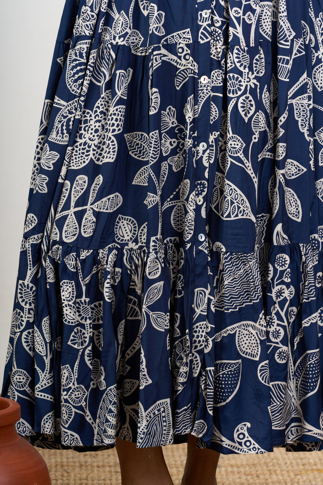 The Nesavu Womens Flared Kurthas Elegant Navy Blue Party Wear Dresses for Women in Crepe with Intricate White Floral Design Nesavu Navy Blue Party Wear Dresses Women Crepe White Floral Design | The Nesavu