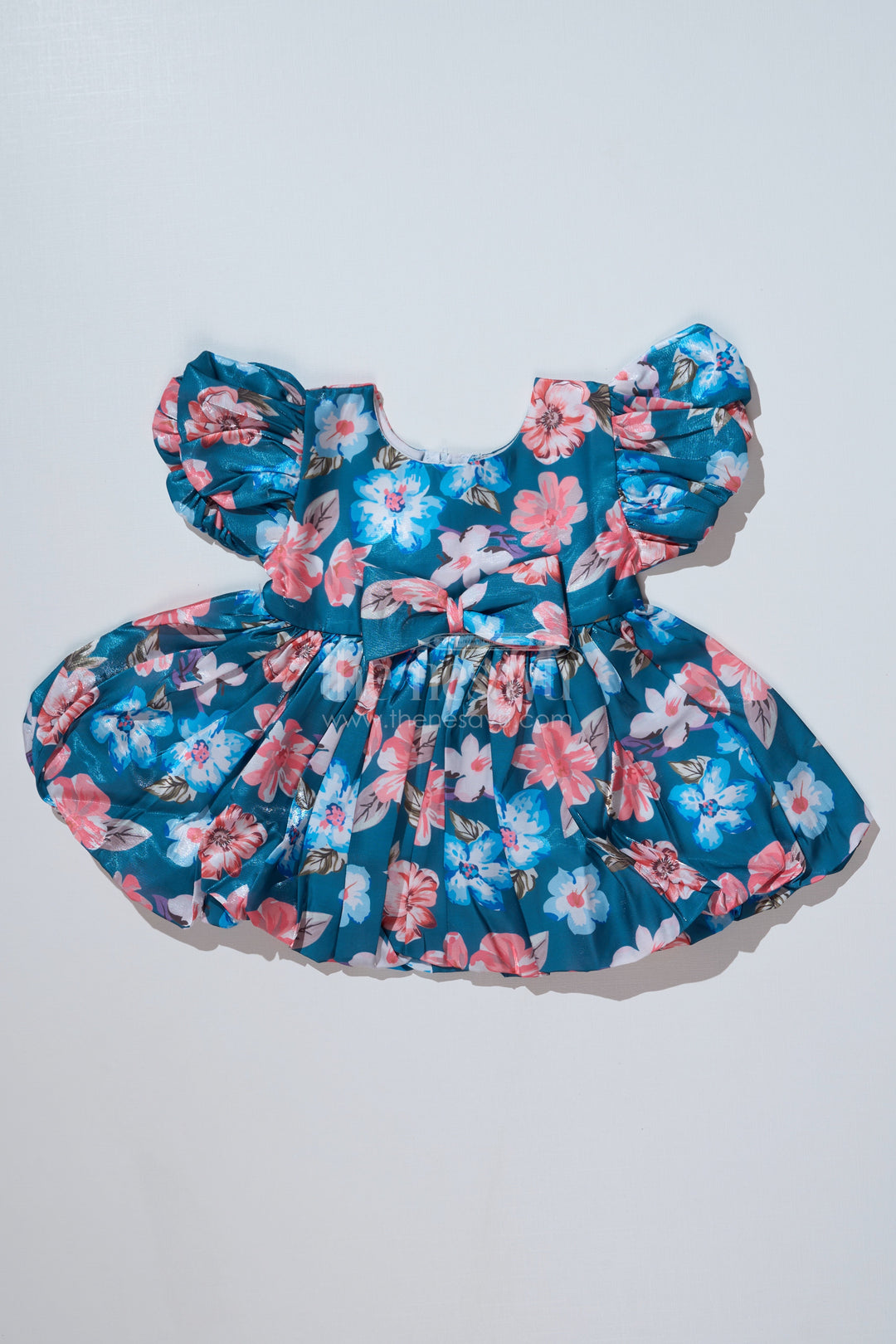 The Nesavu Baby Fancy Frock Elegant Organza Floral Frocks for Baby Girls in Glaza Satin with Puff Sleeves and Bow Detail Nesavu 14 (6M) / Blue BFJ727A-14 Organza Floral Frocks Baby Girls Glaza Satin Puff Sleeves Bow Detail | The Nesavu