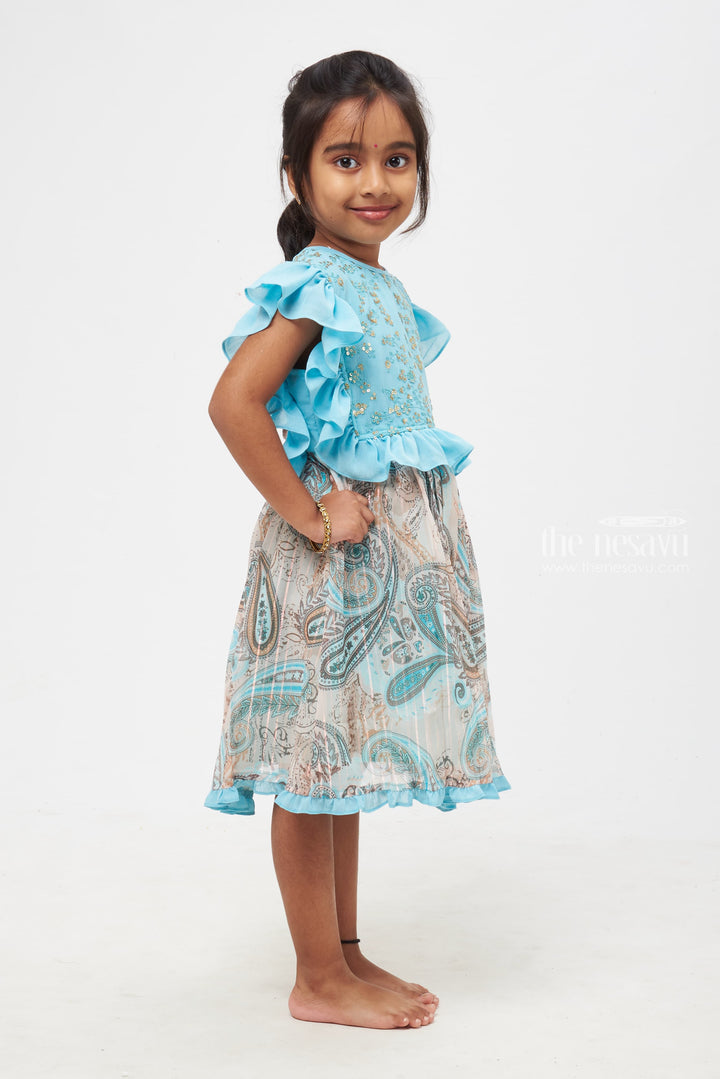 The Nesavu Girls Cotton Frock Elegant Paisley Patterned Turquoise Frock for Girls Nesavu Exquisite Paisley-Printed Turquoise Frock | Tradition Meets Modernity | The Nesavu