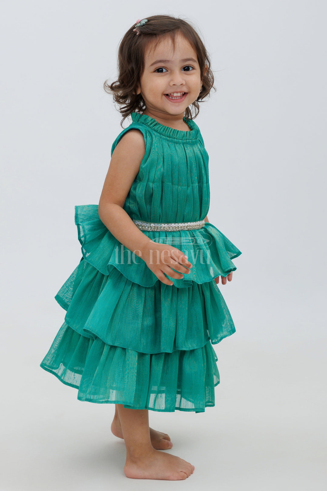 The Nesavu Girls Fancy Party Frock Elegant Party Dress for Girls in Green Nesavu 14 (6M) / Green PF187E-14 Nesavu Elegant Green Gathering Layered Party Dress for Girls