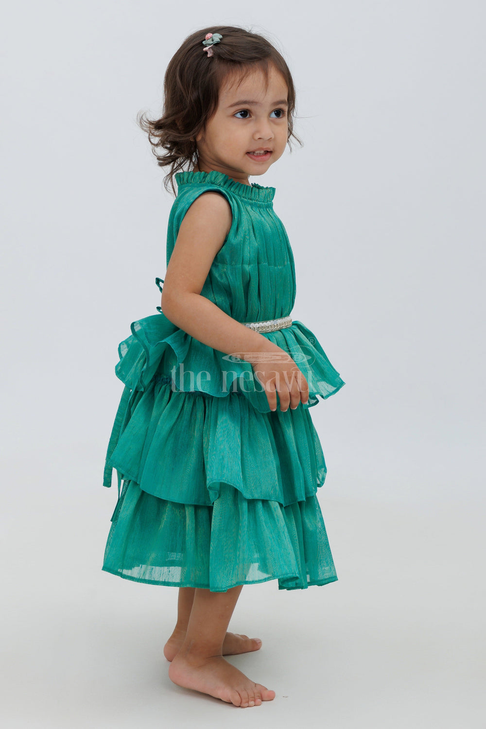 The Nesavu Girls Fancy Party Frock Elegant Party Dress for Girls in Green Nesavu Nesavu Elegant Green Gathering Layered Party Dress for Girls