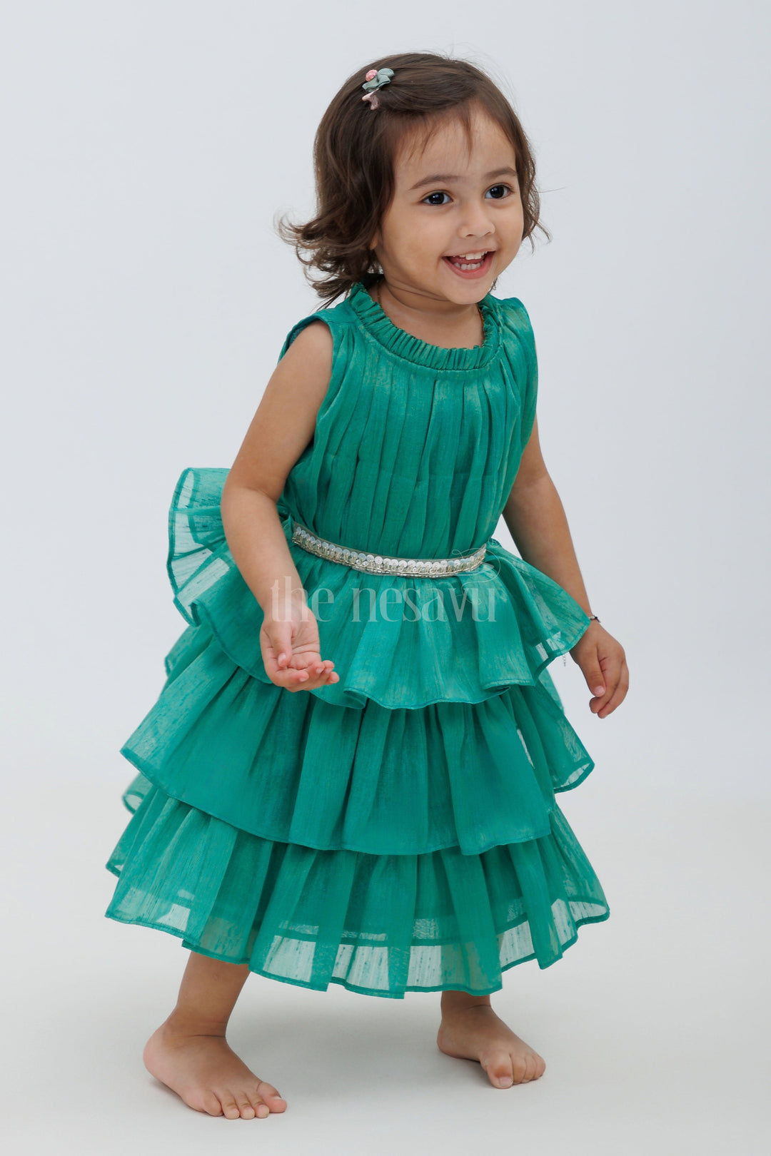 The Nesavu Girls Fancy Party Frock Elegant Party Dress for Girls in Green Nesavu Nesavu Elegant Green Gathering Layered Party Dress for Girls