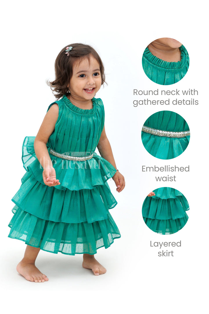 The Nesavu Girls Fancy Party Frock Elegant Party Dress for Girls in Green Nesavu Nesavu Elegant Green Gathering Layered Party Dress for Girls