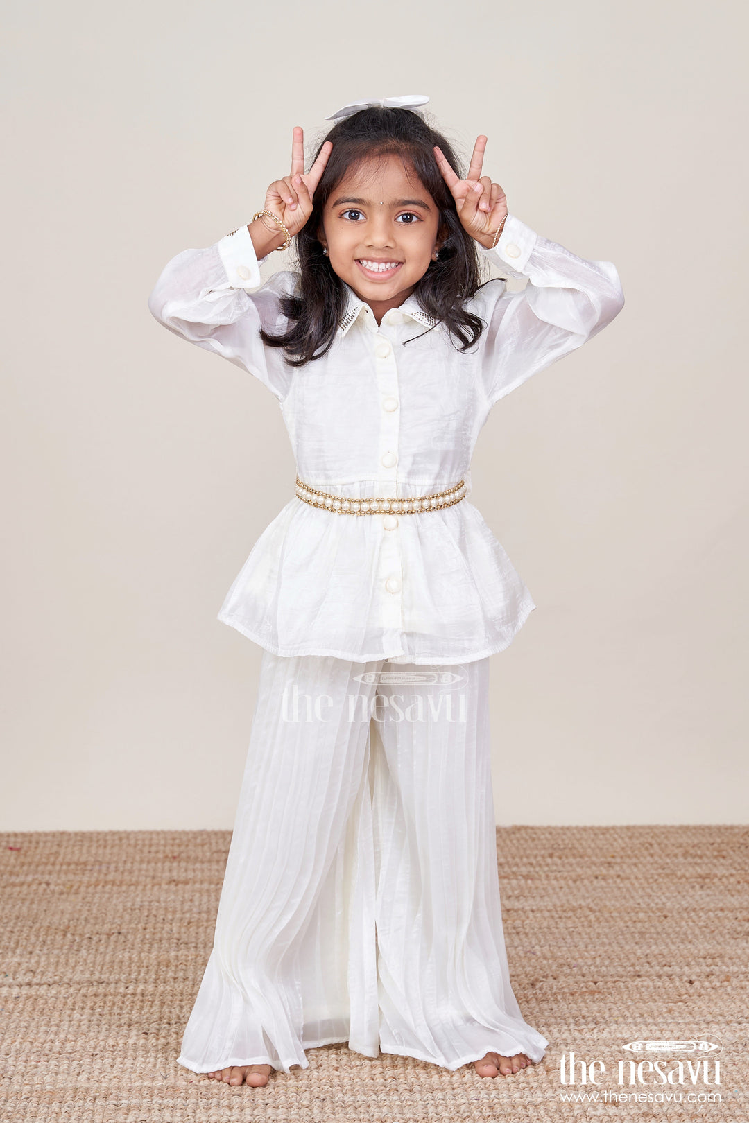 The Nesavu Girls Casual Set Elegant Party Set for Toddler Girls with Collar Top and Pleated Pants Nesavu 18 (2Y) / Half white GPS830A-18 Nesavu party set toddler girls pleated pants collared top  ideal evening celebrations