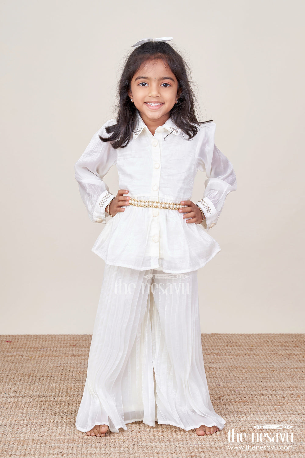 The Nesavu Girls Casual Set Elegant Party Set for Toddler Girls with Collar Top and Pleated Pants Nesavu Nesavu party set toddler girls pleated pants collared top  ideal evening celebrations