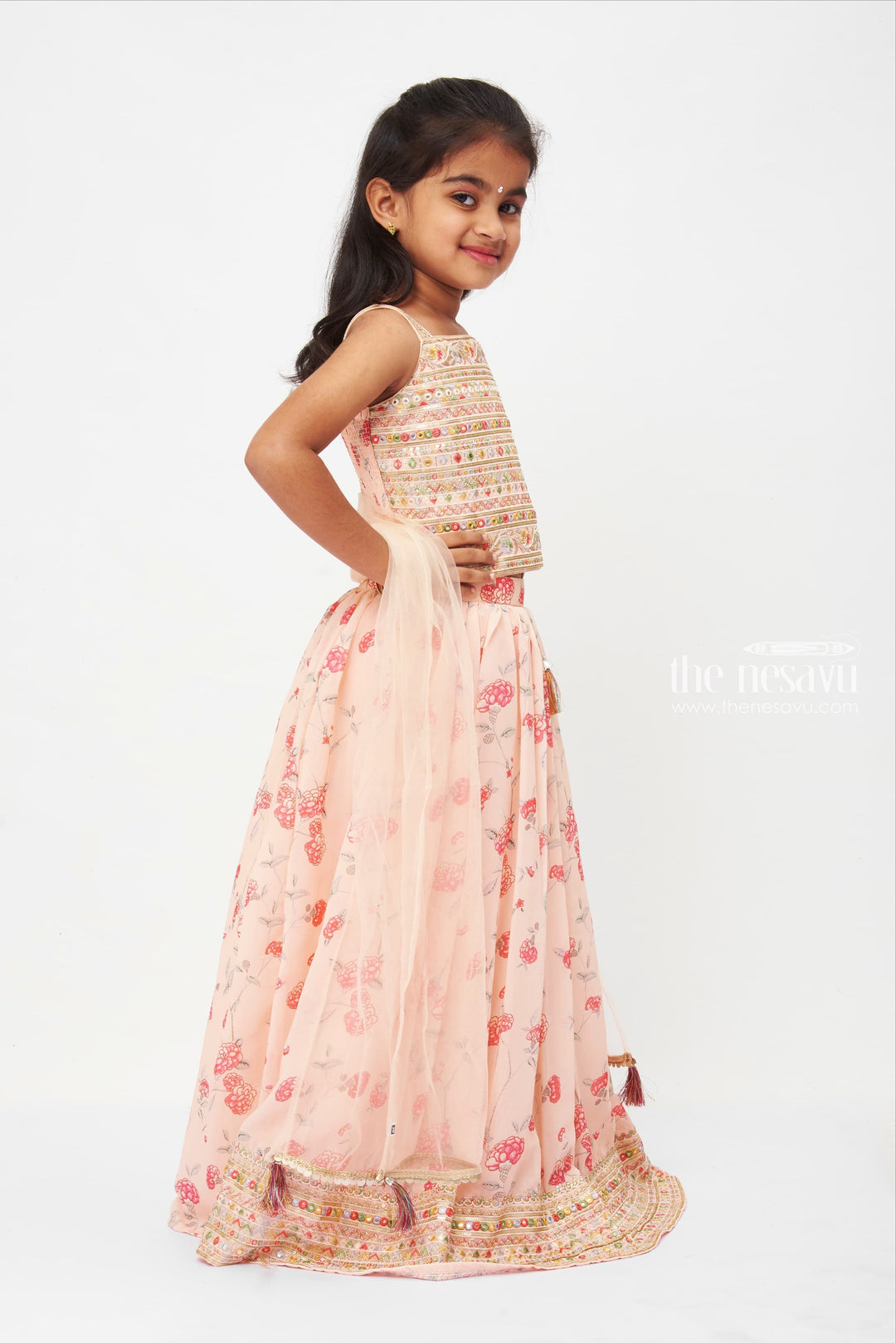 The Nesavu Girls Lehenga Choli Elegant Peach Floral Lehenga Choli with Sheer Dupatta for Girls - Traditional Festive Wear Nesavu Elegant wedding attire for children | Girls' festive collection | The Nesavu