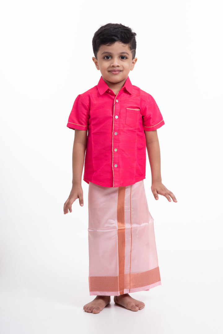 The Nesavu Boys Vesti Elegant Peach Silk Blend Boys Dhoti with Copper Geometric Borders Nesavu 14 (6M) / Pink / Blend Silk D009F-14 Peach Boys Dhoti with Copper Detailing | Elegant Traditional Festival Attire | The Nesavu