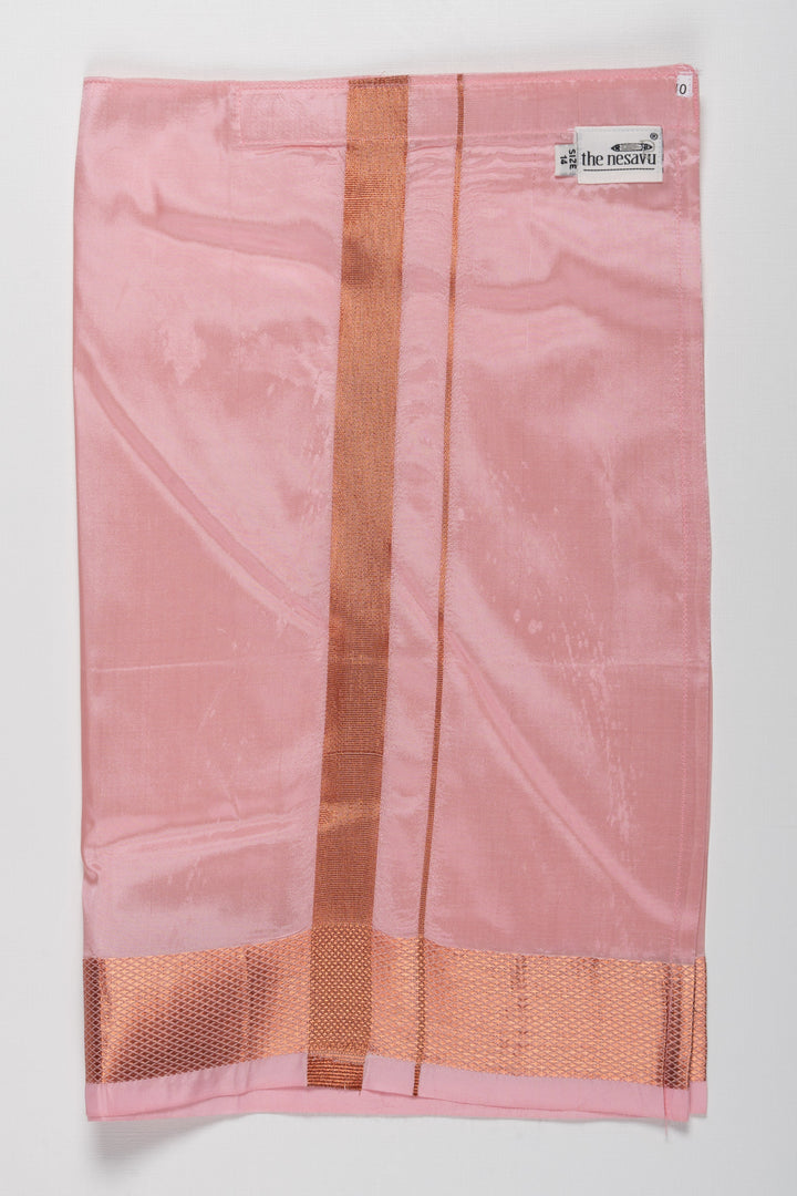 The Nesavu Boys Vesti Elegant Peach Silk Blend Boys Dhoti with Copper Geometric Borders Nesavu 14 (6M) / Pink / Blend Silk D009F-14 Peach Boys Dhoti with Copper Detailing | Elegant Traditional Festival Attire | The Nesavu