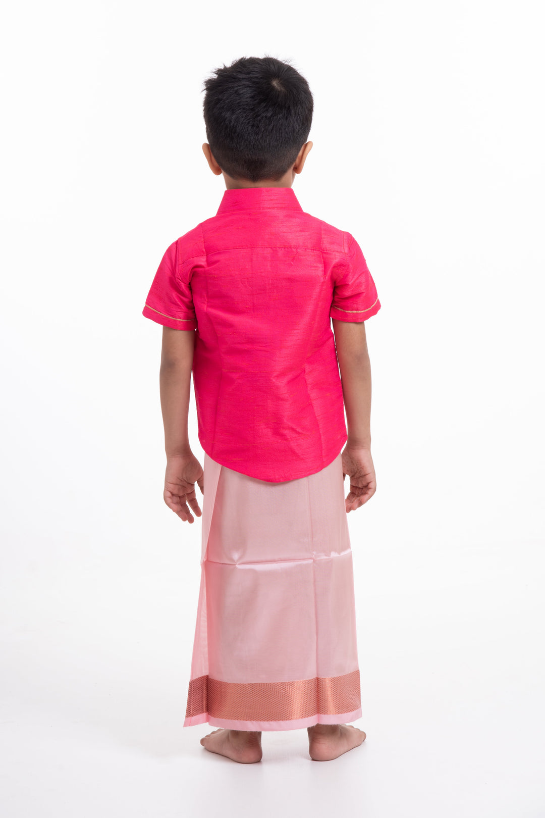 The Nesavu Boys Vesti Elegant Peach Silk Blend Boys Dhoti with Copper Geometric Borders Nesavu Peach Boys Dhoti with Copper Detailing | The Nesavu