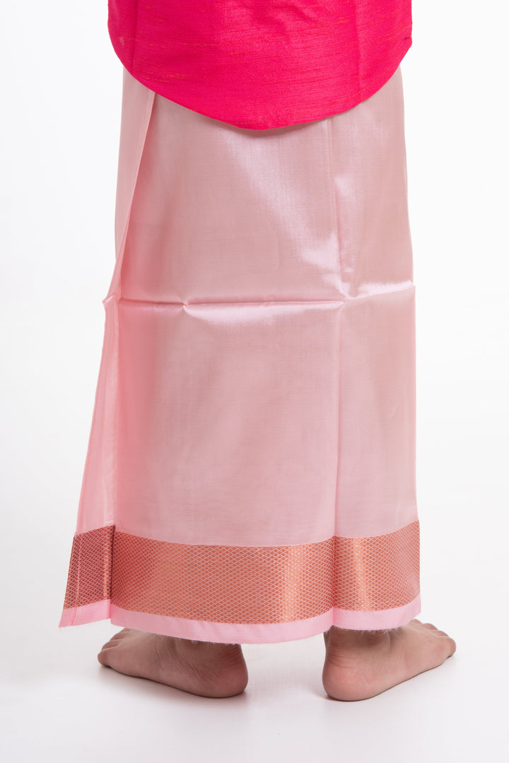 The Nesavu Boys Vesti Elegant Peach Silk Blend Boys Dhoti with Copper Geometric Borders Nesavu Peach Boys Dhoti with Copper Detailing | The Nesavu