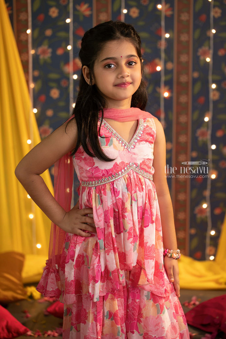 The Nesavu Girls Sharara / Plazo Set Elegant Pink Ensemble: Aari Embroidered Floral Kurti, Palazzo & Dupatta - Clothes of India for Trendy Girls Nesavu 16 (1Y) / Pink / Chinnon Chiffon GPS197A-16 Girls Ethnic Kurti Set | Kids Formal Kurti and Palazzo Set | The Nesavu