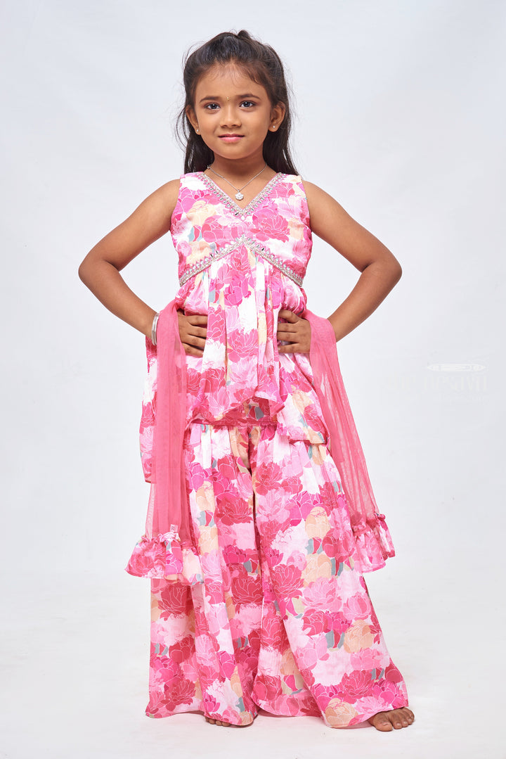 The Nesavu Girls Sharara / Plazo Set Elegant Pink Ensemble: Aari Embroidered Floral Kurti, Palazzo & Dupatta - Clothes of India for Trendy Girls Nesavu 16 (1Y) / Pink / Chinnon Chiffon GPS197A-16 Girls Ethnic Kurti Set | Kids Formal Kurti and Palazzo Set | The Nesavu