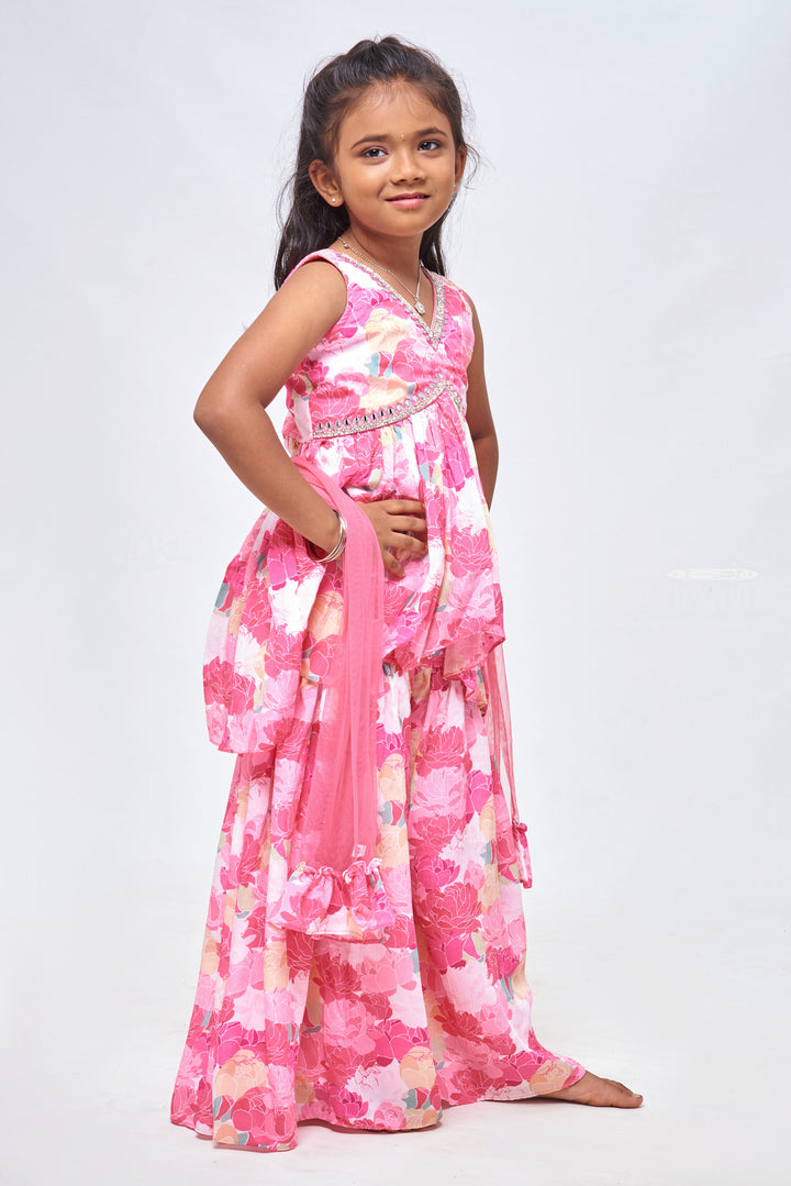 The Nesavu Girls Sharara / Plazo Set Elegant Pink Ensemble: Aari Embroidered Floral Kurti, Palazzo & Dupatta - Clothes of India for Trendy Girls Nesavu Girls Ethnic Kurti Set | Kids Formal Kurti and Palazzo Set | The Nesavu