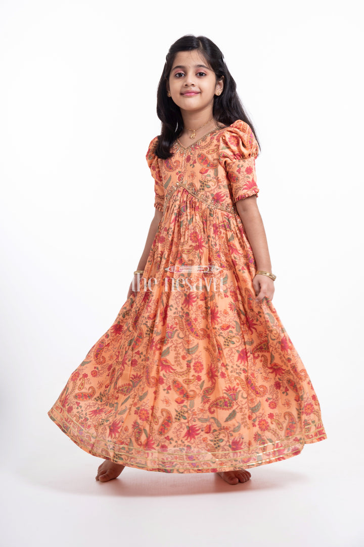 The Nesavu Girls Party Gown Elegant Pink Floral Muslin Silk Party Gown for Girls Nesavu 16 (1Y) / Pink GA228A-16 Elegant Pink Floral Muslin Silk Party Gown for Girls - Stunning & Comfortable | The Nesavu